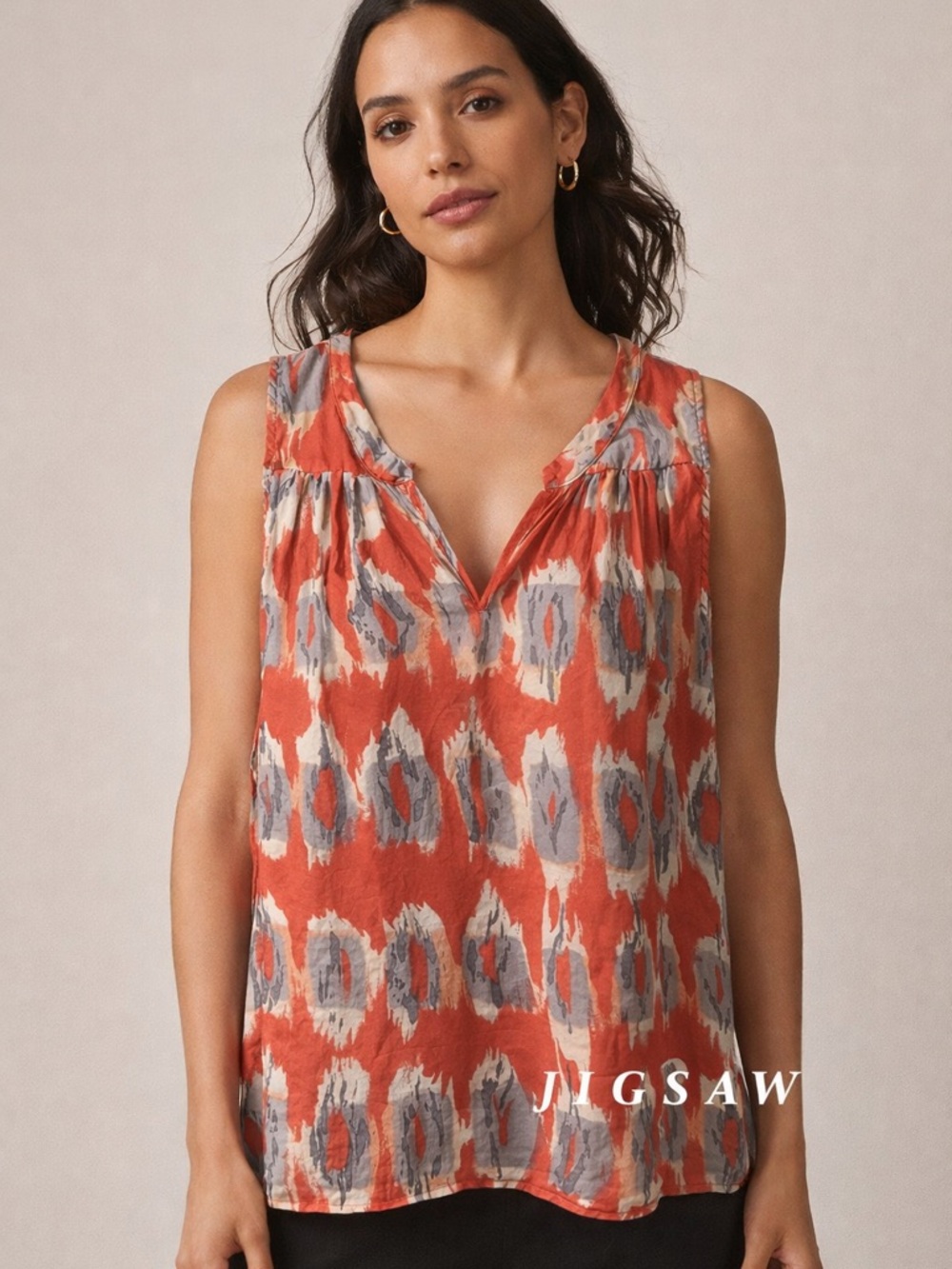 Jigsaw 100% Silk Sleeveless Blouse Size L Red Gray Abstract Ikat V-Neck Top